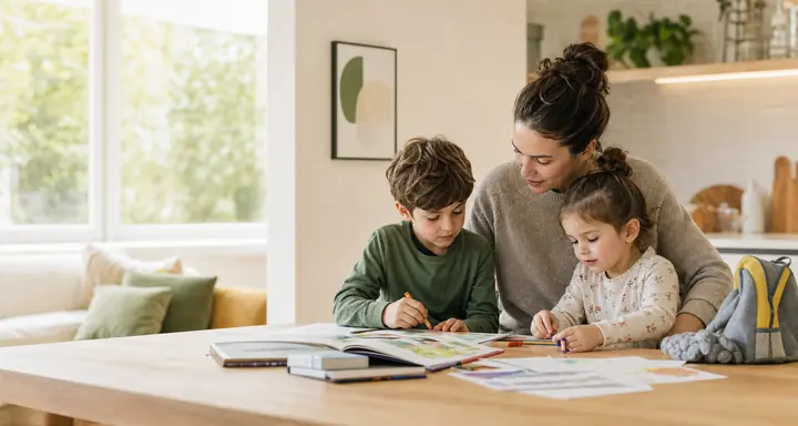 Mutter mit zwei Kindern beim gemeinsamen Malen am Küchentisch